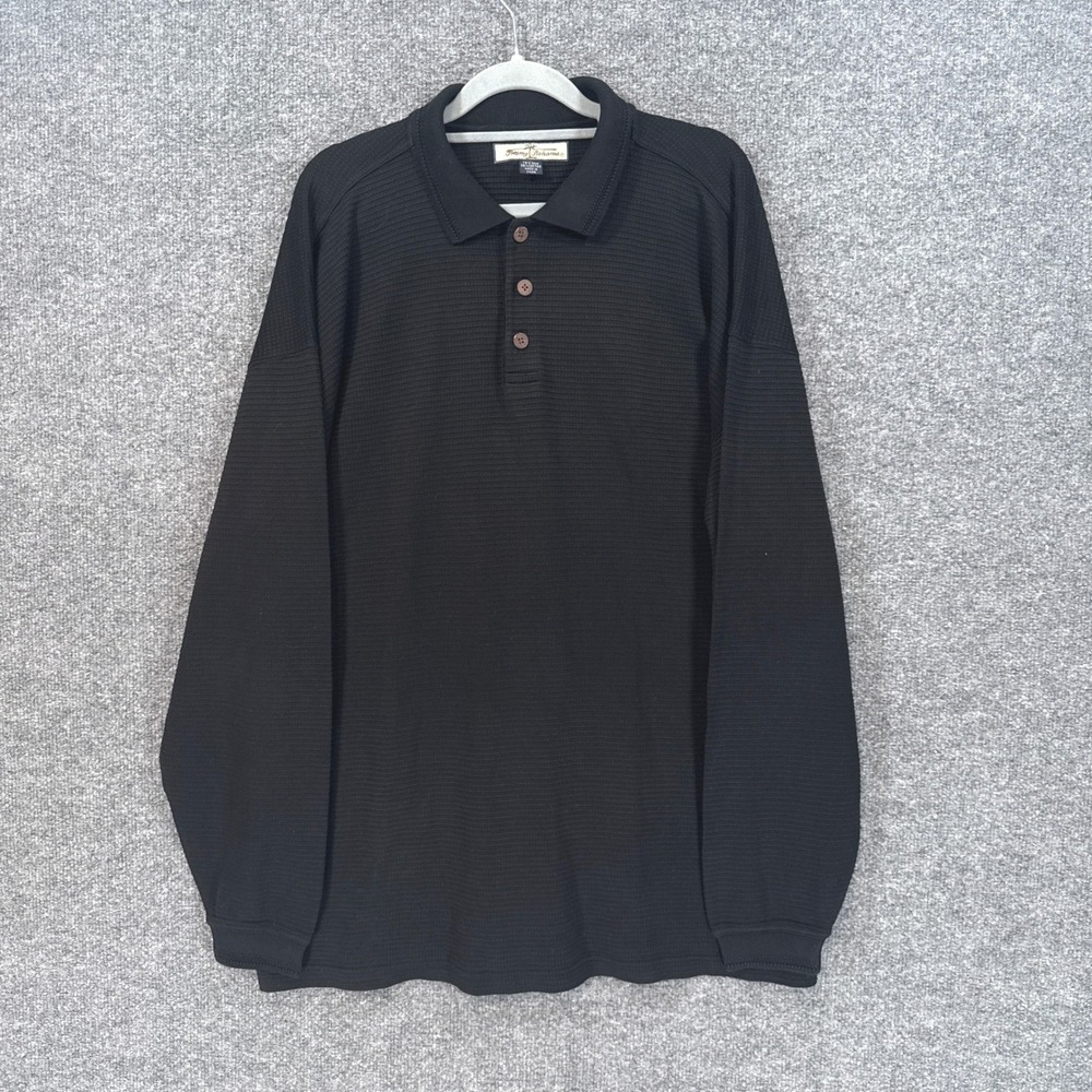 Tommy Bahama Polo Shirt Mens Large Black Silk Blend Ribbed Long Sleeve Classic